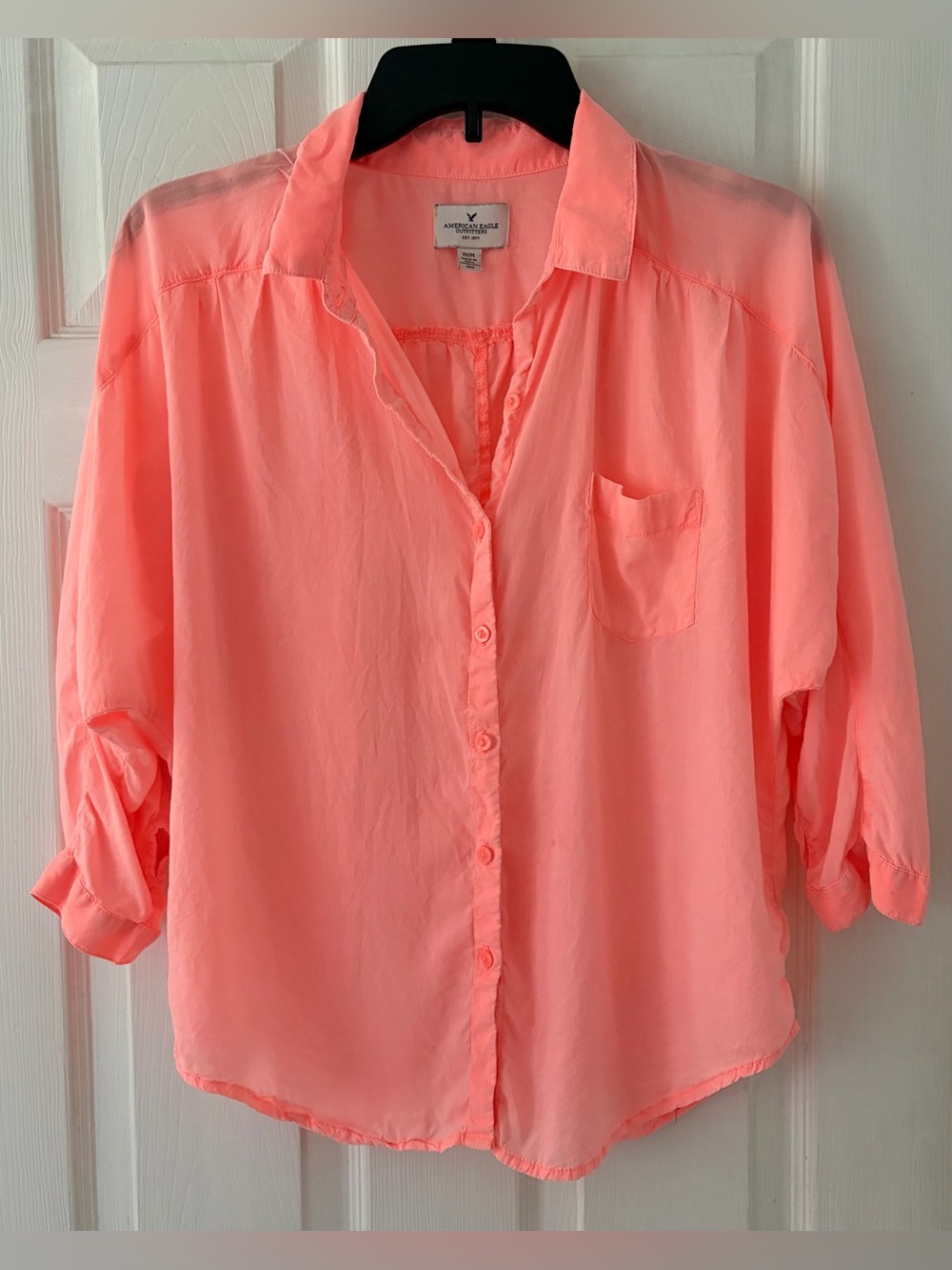 American Eagle Neon Coral Button-Up Shirt